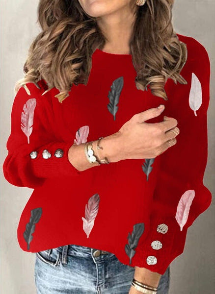 Women's fine knit sweater with feather motif, round neck and decorative button placket Mune Fashion