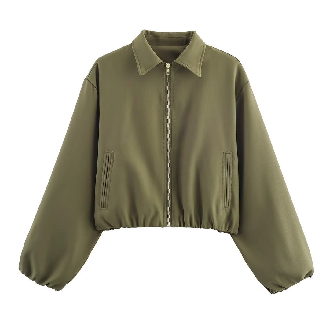 Women short jacket made of vegan leather with Kent collar, full-length zipper and gathered hem Mune Fashion