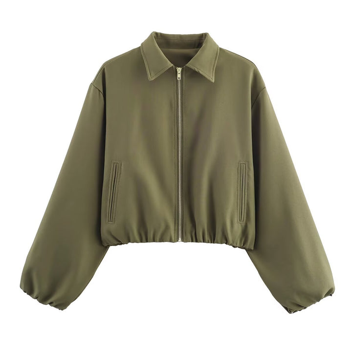 Women short jacket made of vegan leather with Kent collar, full-length zipper and gathered hem Mune Fashion
