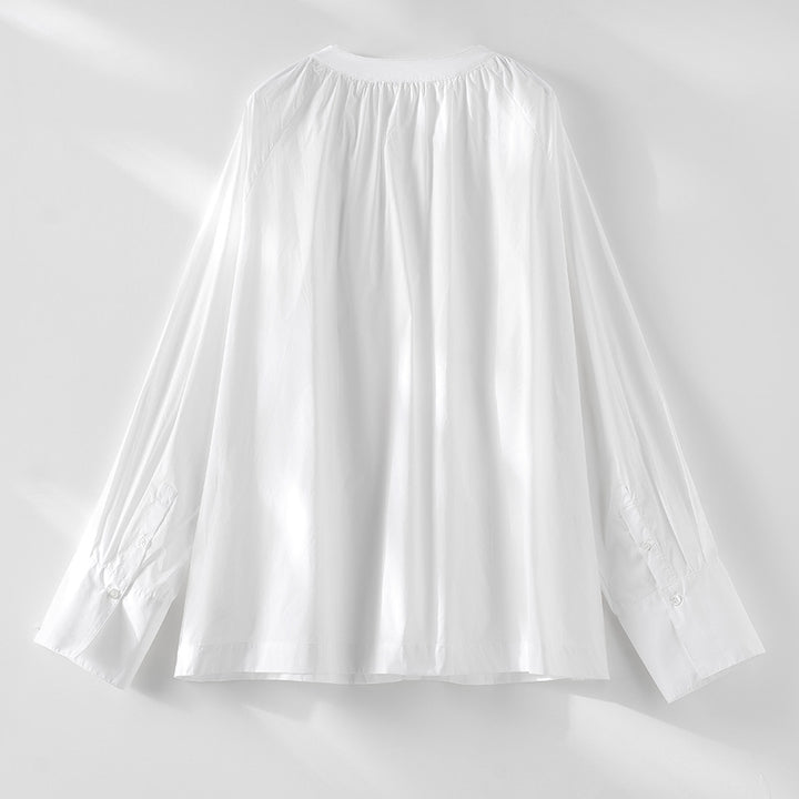 Women's blouse with gathered round neckline and continuous button placket Mune Fashion