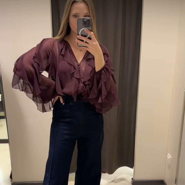 Ladies sheer chiffon blouse with layered ruffles, wide balloon sleeves, and full button placket Mune Fashion