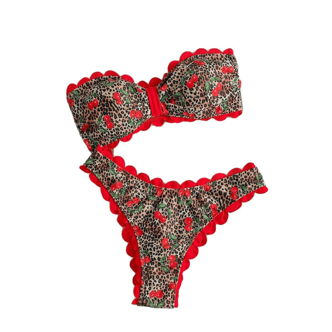 Women's Bandeau Bikini with Leopard Print and Ruffles Mune Fashion