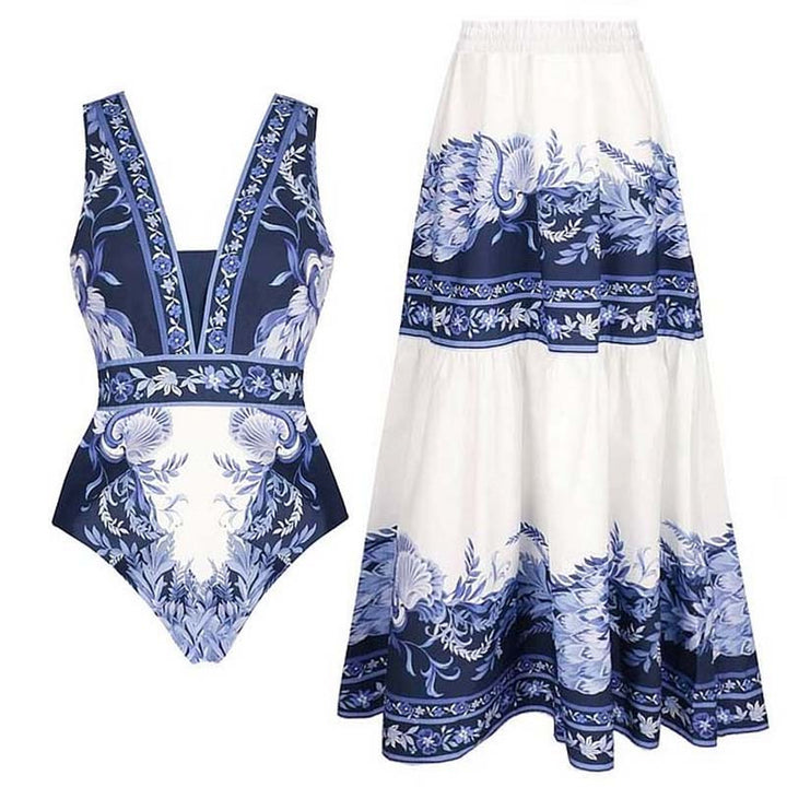Women One-Piece Swimsuit with Floral Design and V-Neck Mune Fashion