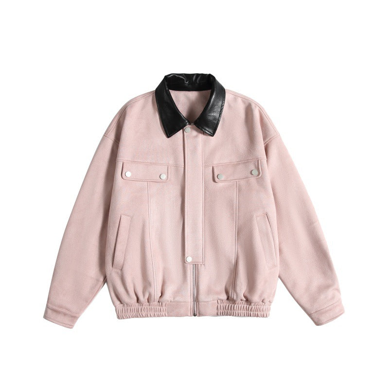Women's short cut boxy bomber jacket with contrasting faux leather collar Mune Fashion