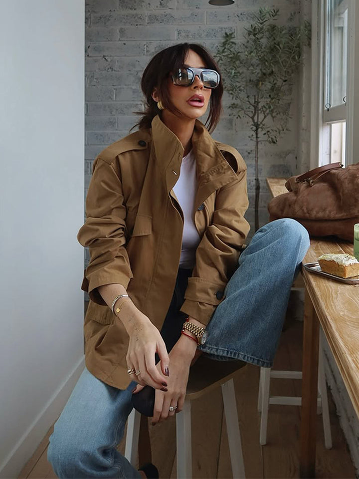 Ladies Lightweight Cotton Field Coat with Stand-up Collar, Shoulder Straps & Applied Flap Pockets Mune Fashion