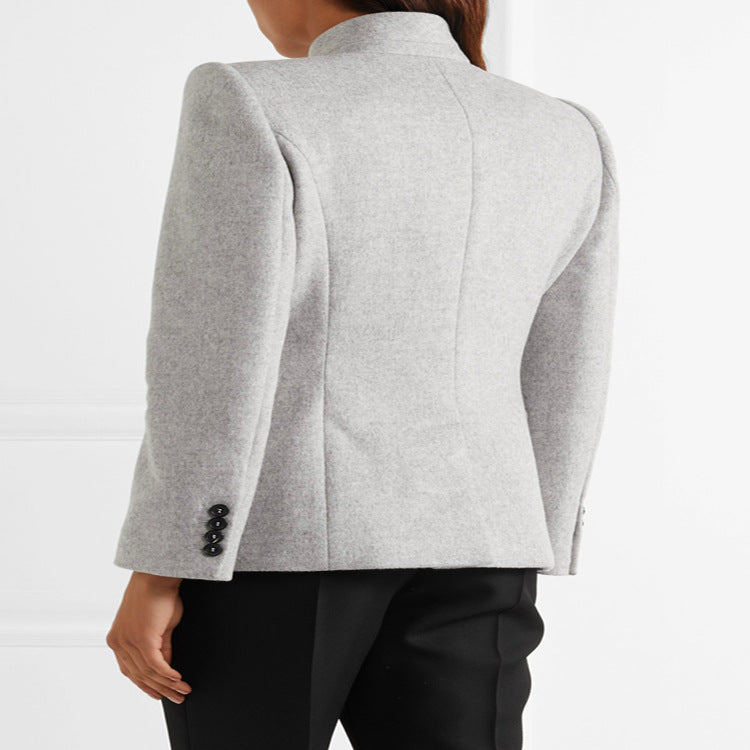 Women Tailored Wool Blend Blazer with Stand Collar, Structured Shoulder and Flap Pockets Mune Fashion