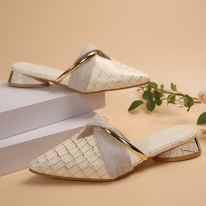 Women’s pointed loafer sandals with crocodile embossing, crossed linen strap and gold decorative strip Mune Fashion