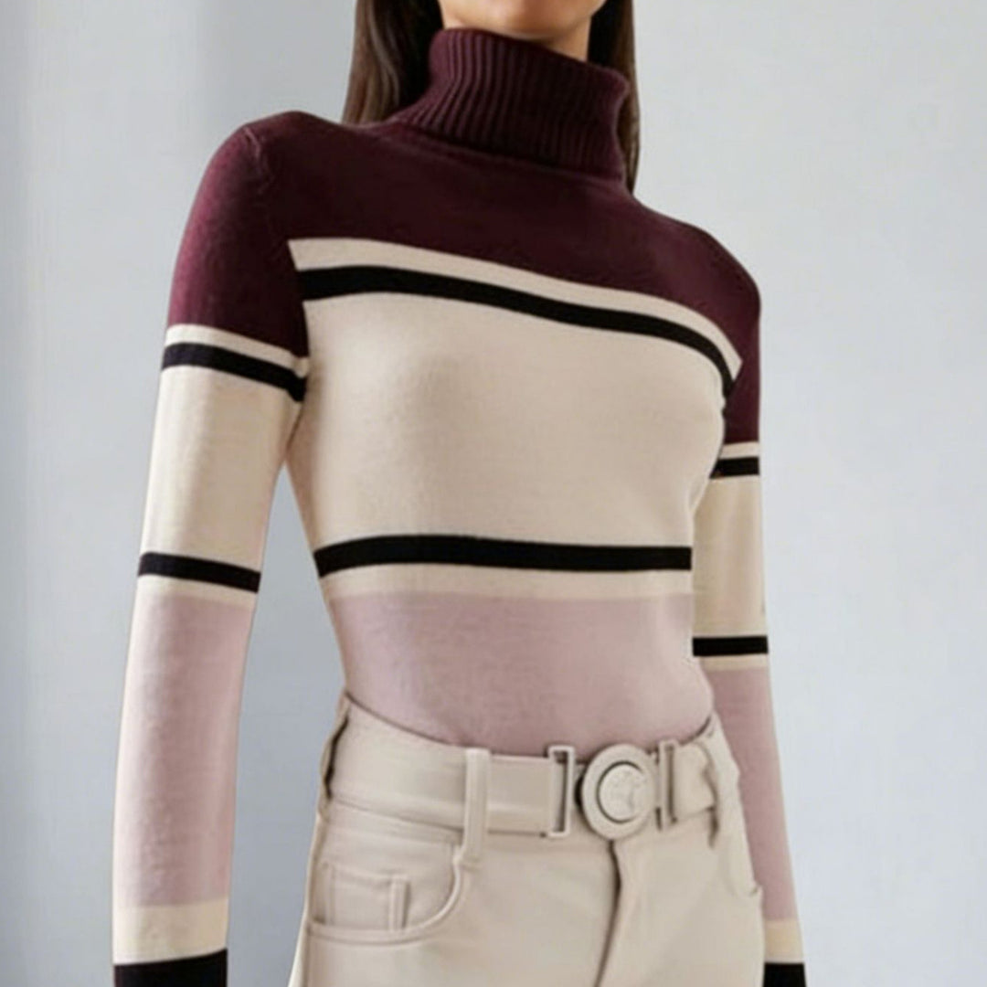 Women's long turtleneck knit dress with star motif, block stripes and elastic ribbed hem