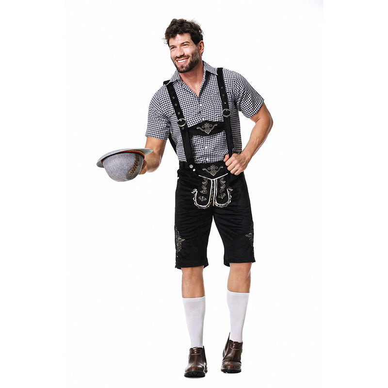 Men's traditional leather trousers with embroidered suspenders, checked traditional shirt, and felt hat Mune Fashion