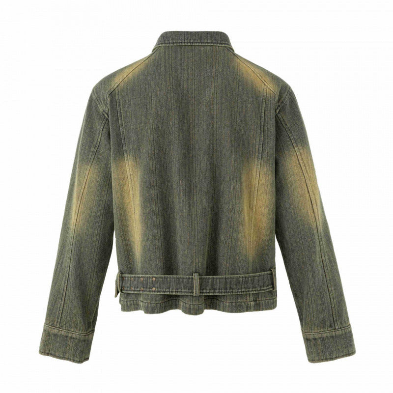 Unisex Short Cut Denim Jacket with Embroidery, Waist Belt and Front Zipper Mune Fashion