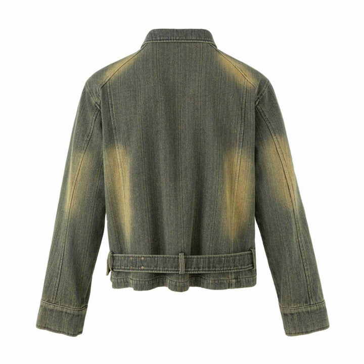Unisex Short Cut Denim Jacket with Embroidery, Waist Belt and Front Zipper Mune Fashion
