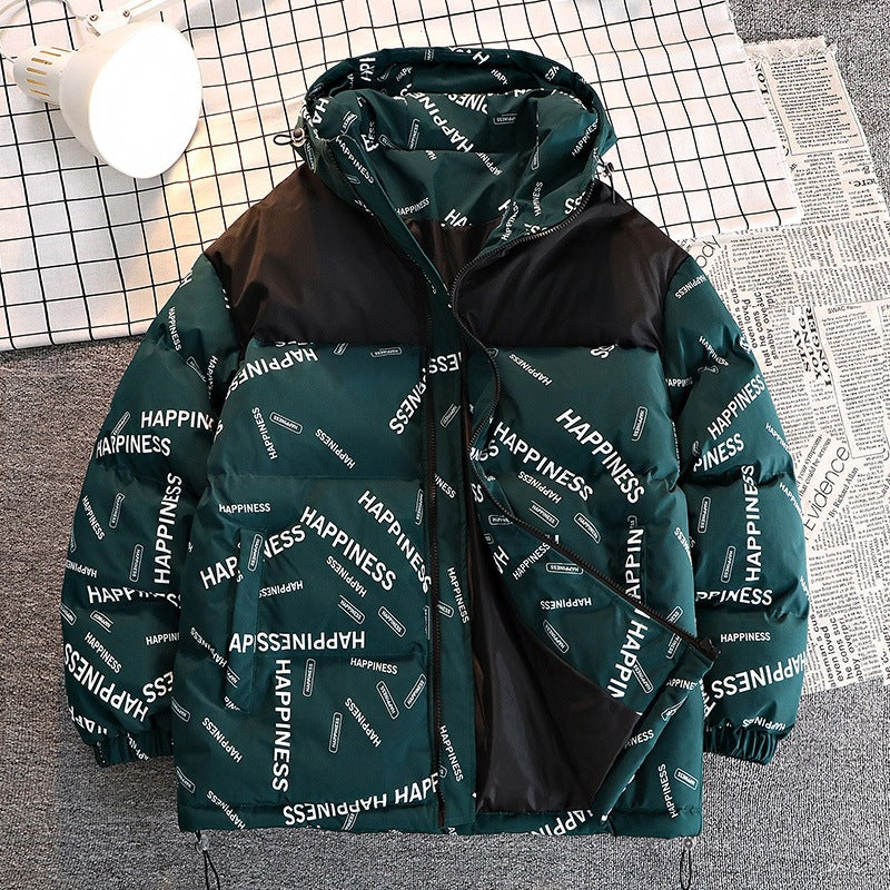 Men's Printed Padded Hooded Jacket with Contrasting Shoulder Yoke and Drawstring Mune Fashion