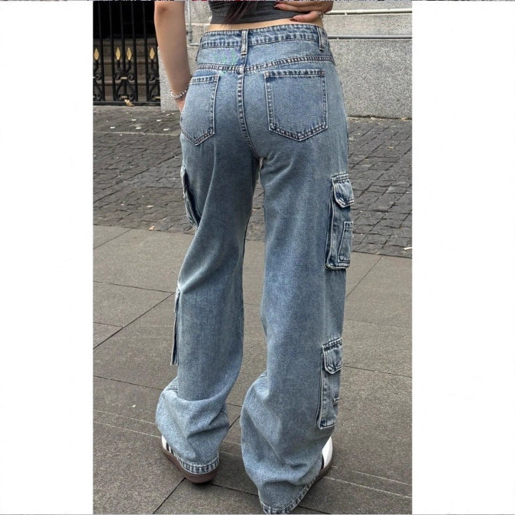 Women's High-Cut Baggy Cargo Jeans with Multiple Utility Pockets Mune Fashion