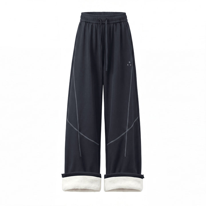 Women's Wide Fleece-Lined Casual Pants with Drawstring and Cuffed Teddy Waistband Mune Fashion
