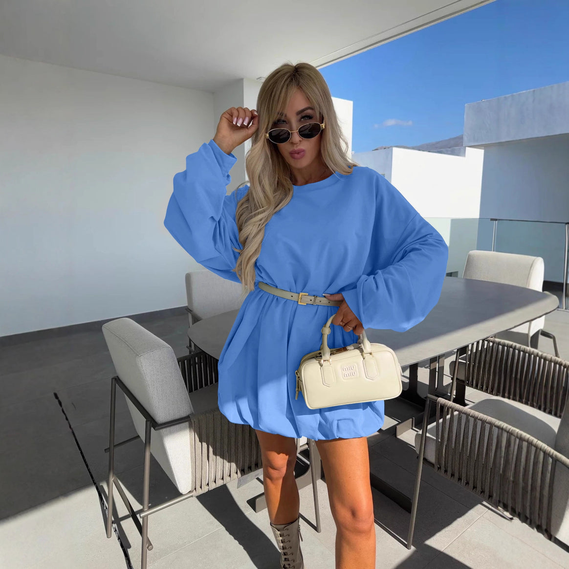 Ladies sweatshirt dress with balloon sleeves and waist belt Mune Fashion