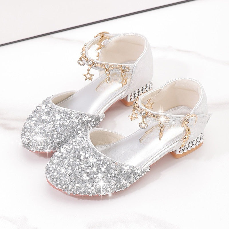 Ladies Elegant and Sparkling Mid-Heel Shoes with Pearl and Bow Details Mune Fashion