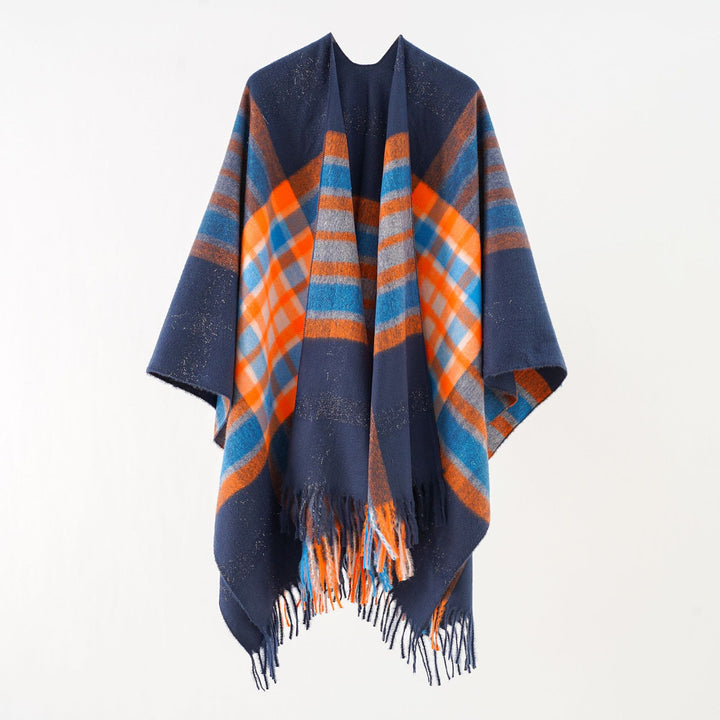 Women Oversize checked wool poncho with fringes Mune Fashion