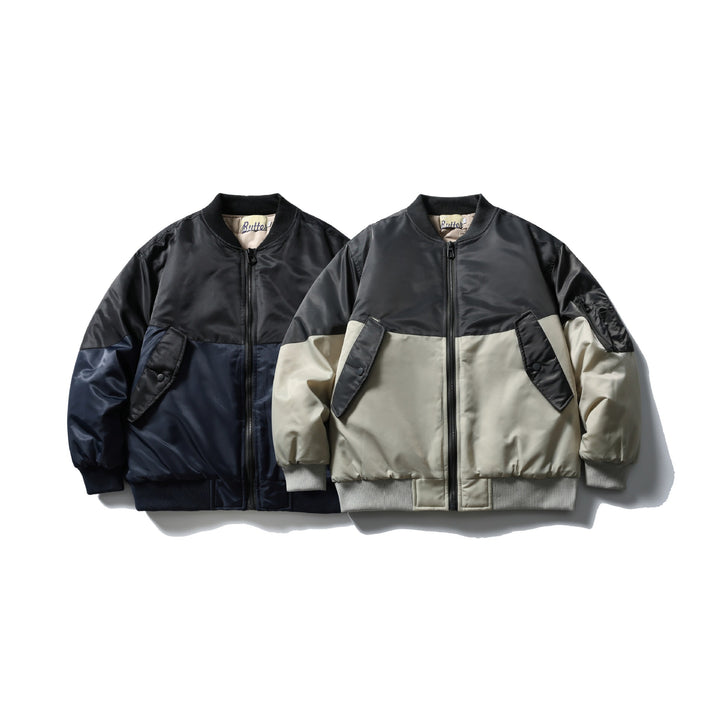 Unisex Short Cut Two-Tone Nylon Bomber Jacket with Utility Flap Pockets and Sleeve Zipper Mune Fashion