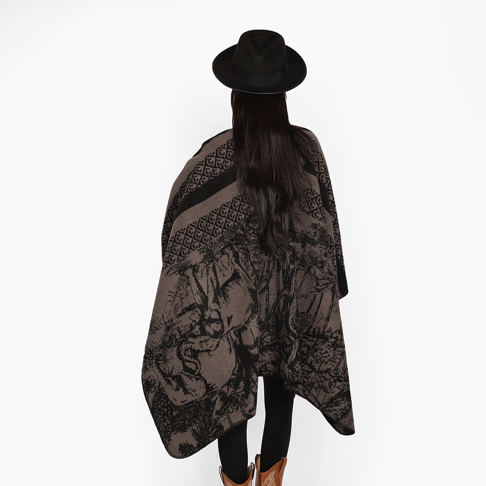 Women's Luxurious Jacquard Pattern Poncho with Asymmetrical Pointed Hem