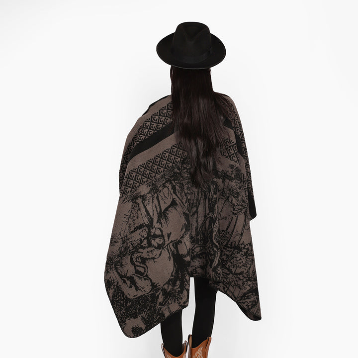 Women's Luxurious Jacquard Pattern Poncho with Asymmetrical Pointed Hem