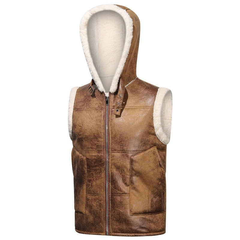 Men's Sleeveless Lambskin Imitation Vest with Hood and Continuous Zipper Mune Fashion
