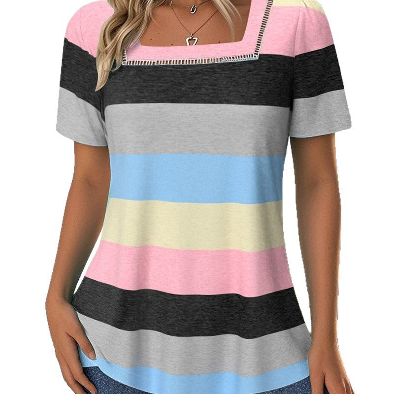 Women's striped jersey long shirt with square neckline and casual hip length Mune Fashion