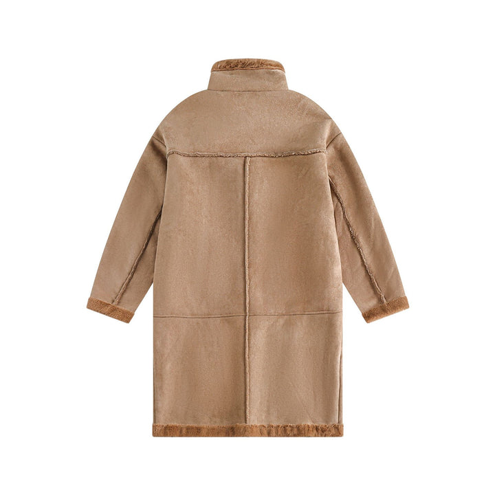 Women Long Oversize Sheepskin Imitation Coat with Stand-up Collar and Buckle Closure Mune Fashion