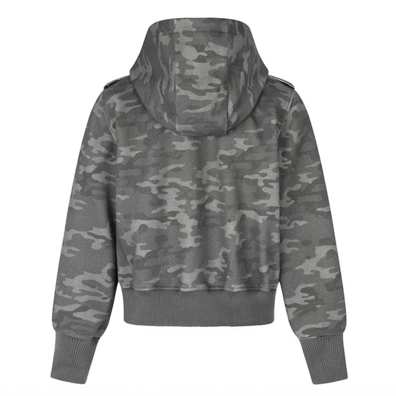 Women's cropped hooded sweatshirt jacket in military camo with decorative star strap details Mune Fashion