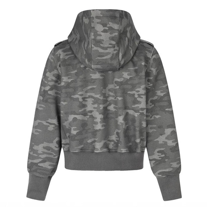 Women's cropped hooded sweatshirt jacket in military camo with decorative star strap details Mune Fashion