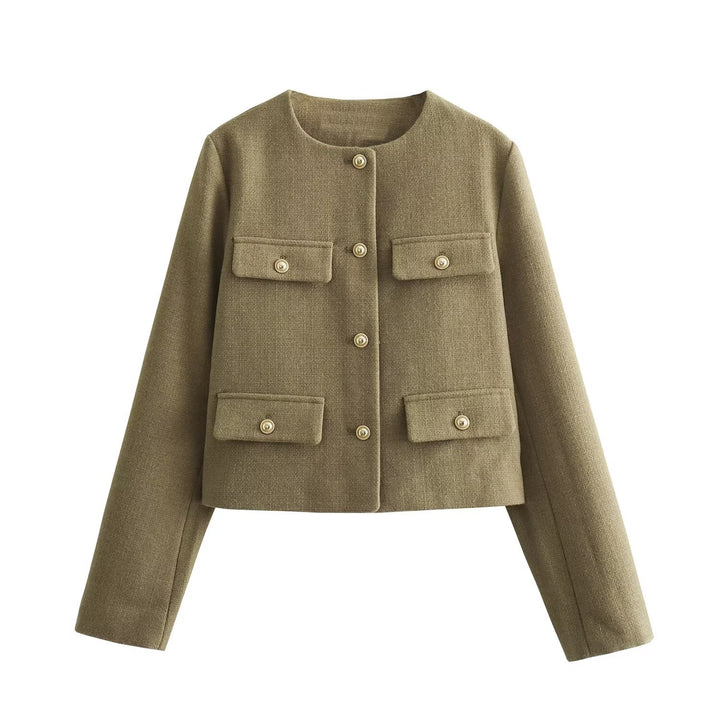 Women's short-cut Bouclé tweed jacket with round neckline decorative button details and attached flap pockets Mune Fashion