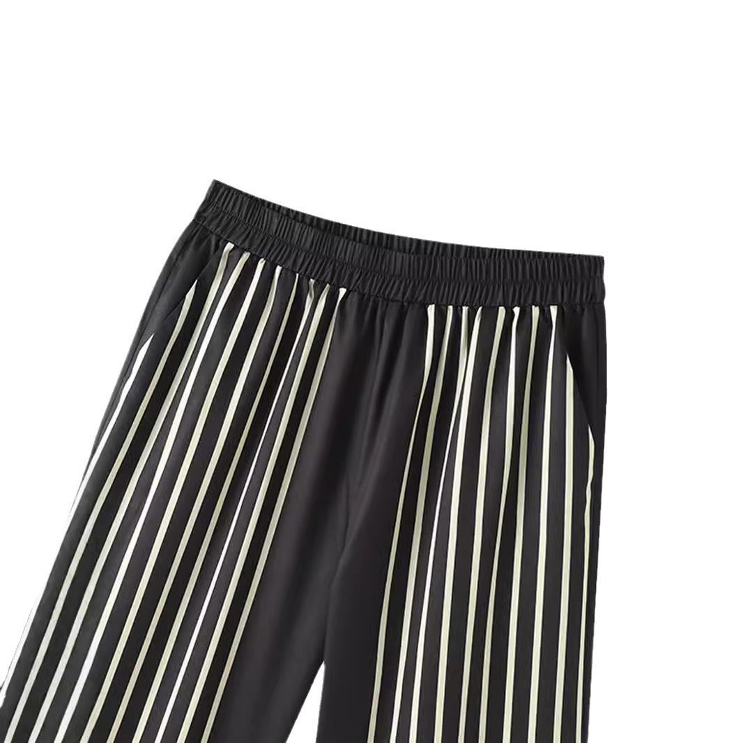 Women's striped lounge two-piece with stand-up collar button-up shirt jacket and straight pajama pants Mune Fashion