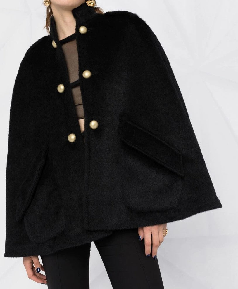 Women's short cape with stand-up collar, velvety texture and decorative gold buttons Mune Fashion