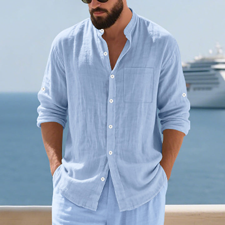 Men's airy linen shirt with stand-up collar, breast pocket, and rollable sleeves Mune Fashion