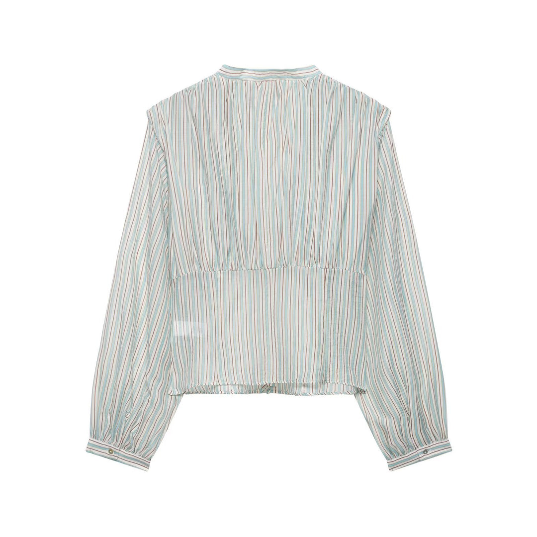 Women's Striped Cropped Blouse with Deep V-Neck and Gathered Underbust Seam Mune Fashion