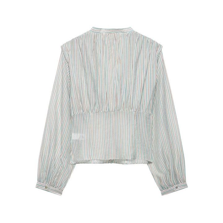 Women's Striped Cropped Blouse with Deep V-Neck and Gathered Underbust Seam Mune Fashion