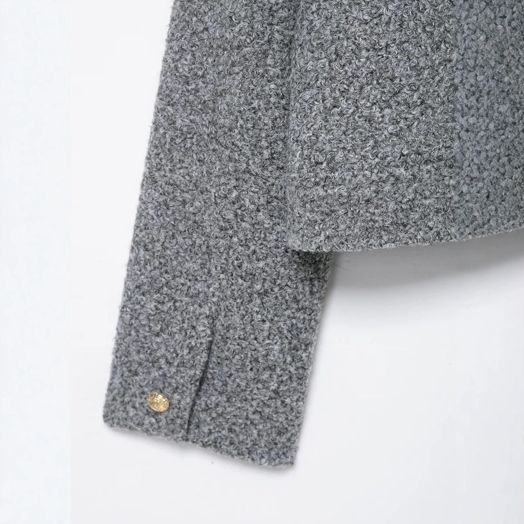 Women Boucle Cropped Jacket with Gold Buttons and Patch Pockets Mune Fashion