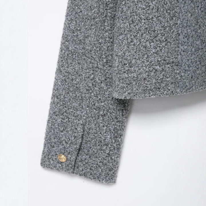 Women Boucle Cropped Jacket with Gold Buttons and Patch Pockets Mune Fashion