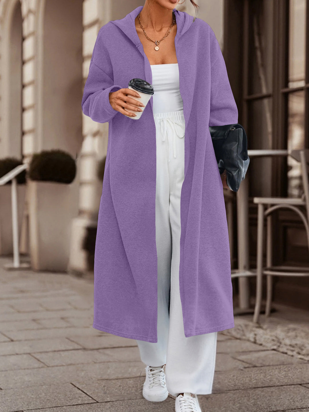 Women Long Oversized Hooded Coat with Open Front and Soft Fleece Lining