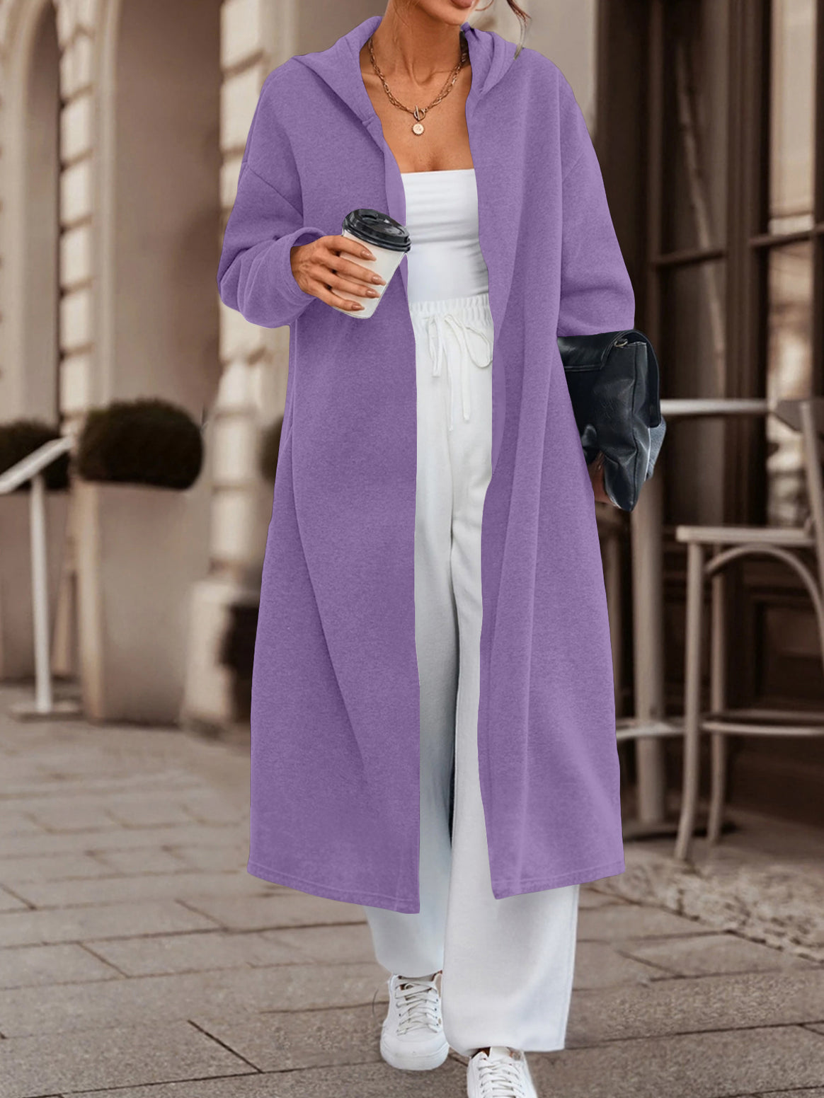 Women Long Oversized Hooded Coat with Open Front and Soft Fleece Lining