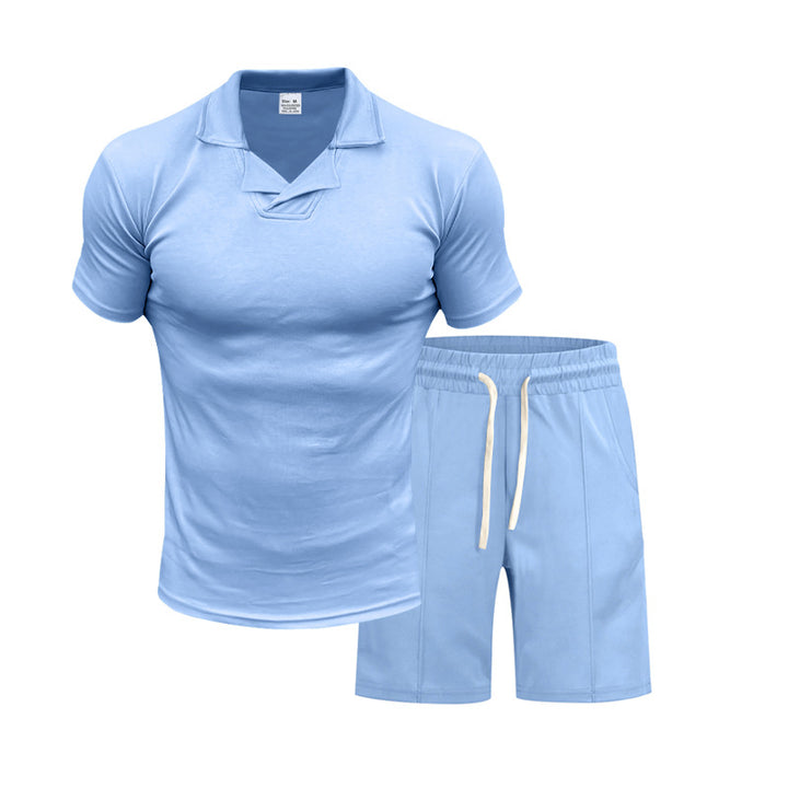 Men's short-sleeved polo lounge set with V-insert at the collar and drawstring bermuda Mune Fashion
