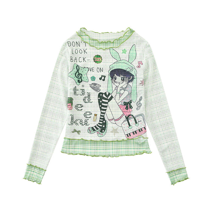 Women's Transparent Mesh Long Sleeve Shirt with Manga Print, Ruffle Hem and Check Cuffs Mune Fashion