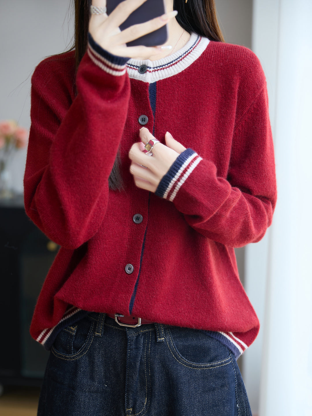 Women's Loose Fine Knit Cardigan with Contrast Stripes on Collar and Cuffs Mune Fashion