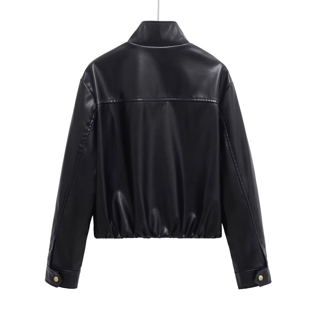Ladies short cut faux leather bomber jacket with standing collar and zipper Mune Fashion