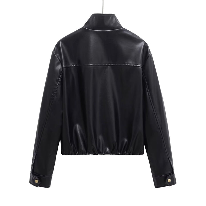 Ladies short cut faux leather bomber jacket with standing collar and zipper Mune Fashion