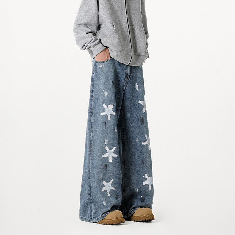 Women Extra Wide Baggy Jeans with Star Print, Distressed Details and Wide Leg Mune Fashion