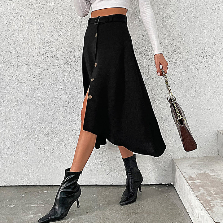 Women's midi skirt with decorative button placket, waist belt, and slightly A-line cut Mune Fashion