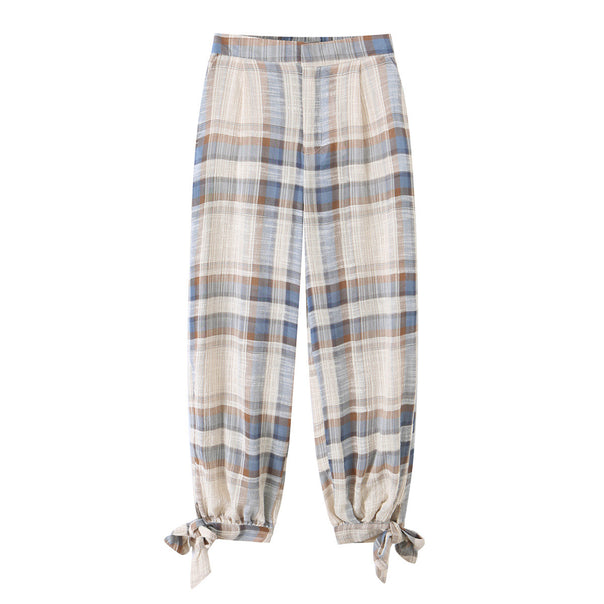 Women's Checked Linen-Mix Pleated Trousers with Drawstring and Bow Cuffs Mune Fashion