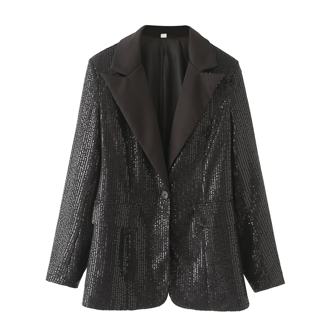 Women's tailored sequin blazer with satin shawl lapel and welt pockets Mune Fashion