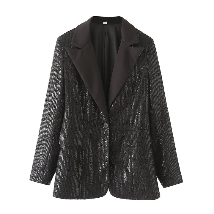 Women's tailored sequin blazer with satin shawl lapel and welt pockets Mune Fashion
