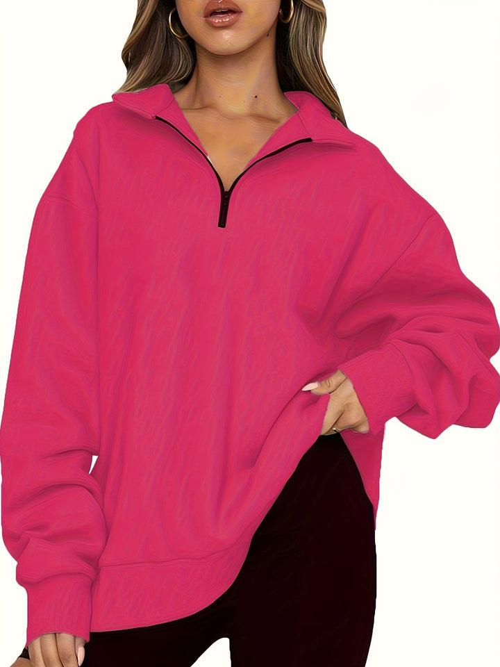 Women nan Oversized Sweatshirt with Short Zip, Stand-up Collar and Kangaroo Pocket Mune Fashion